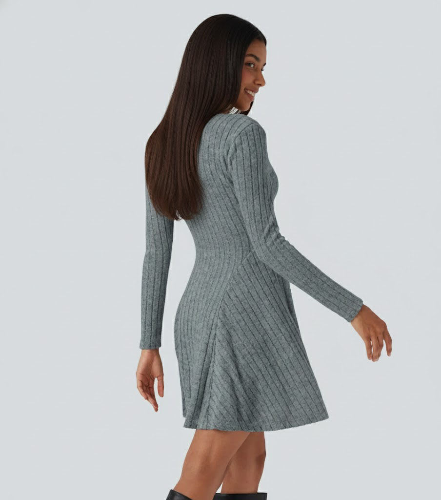 Ribbed Knit V Neck Long Sleeve Flare Casual Dress