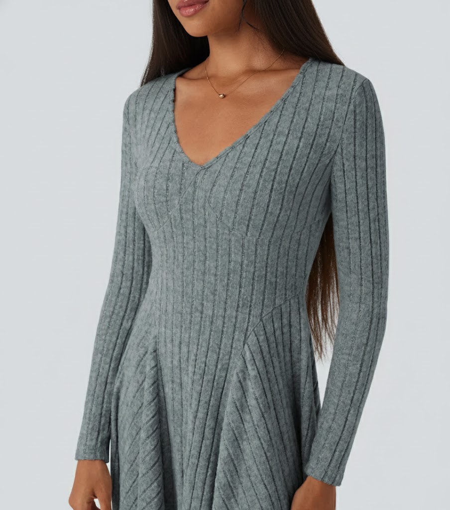 Ribbed Knit V Neck Long Sleeve Flare Casual Dress
