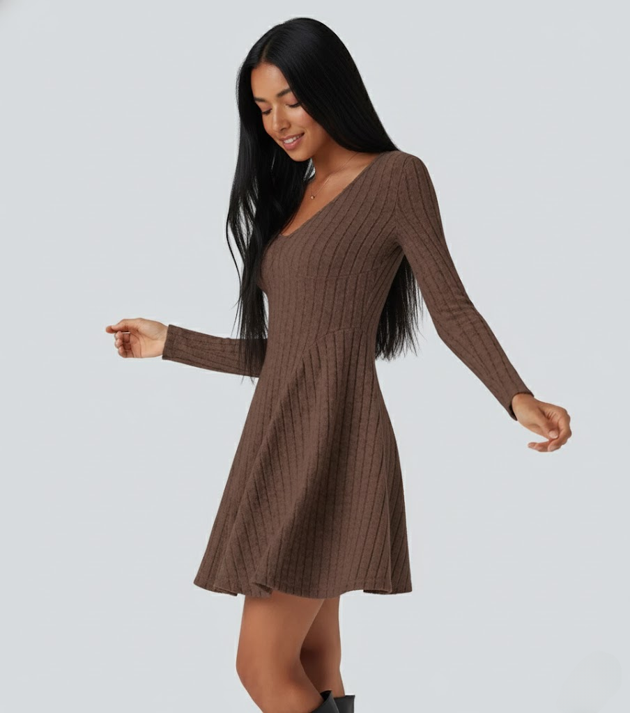 Ribbed Knit V Neck Long Sleeve Flare Casual Dress