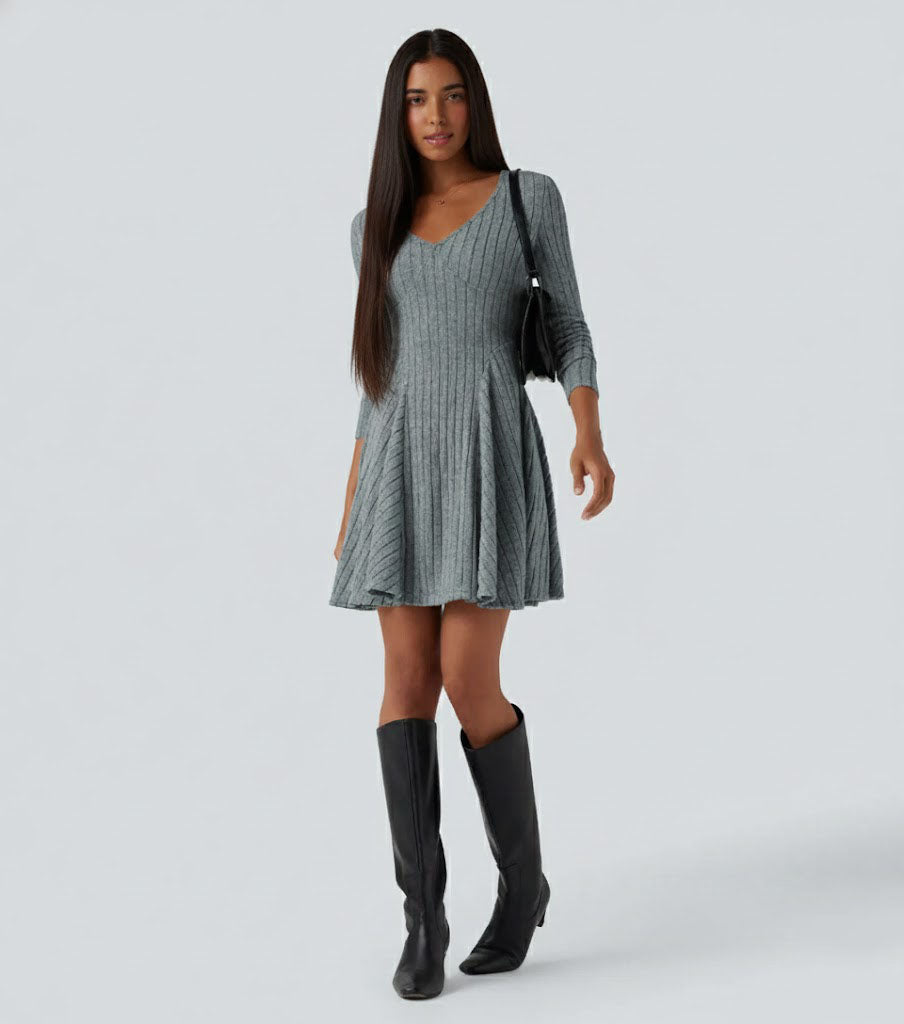 Ribbed Knit V Neck Long Sleeve Flare Casual Dress