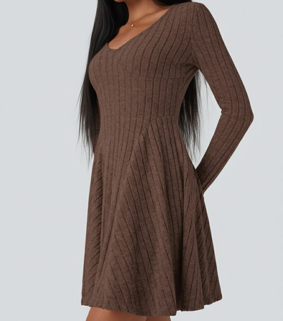 Ribbed Knit V Neck Long Sleeve Flare Casual Dress