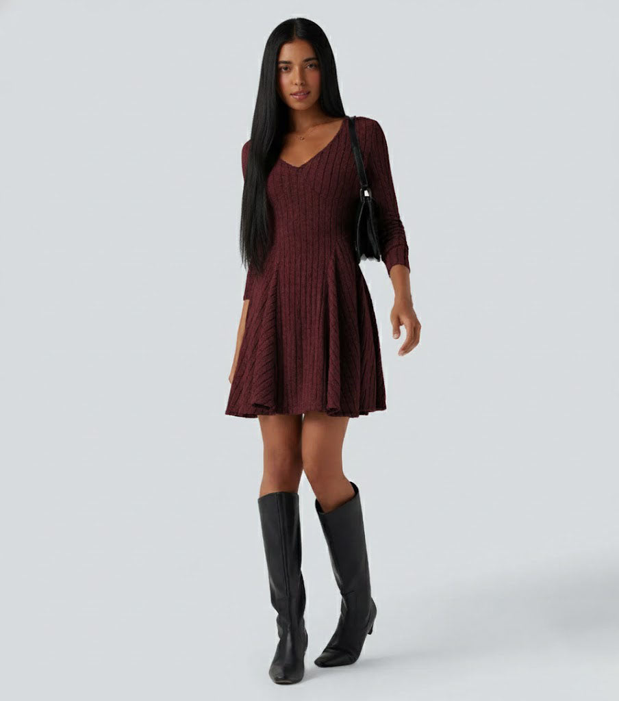 Ribbed Knit V Neck Long Sleeve Flare Casual Dress