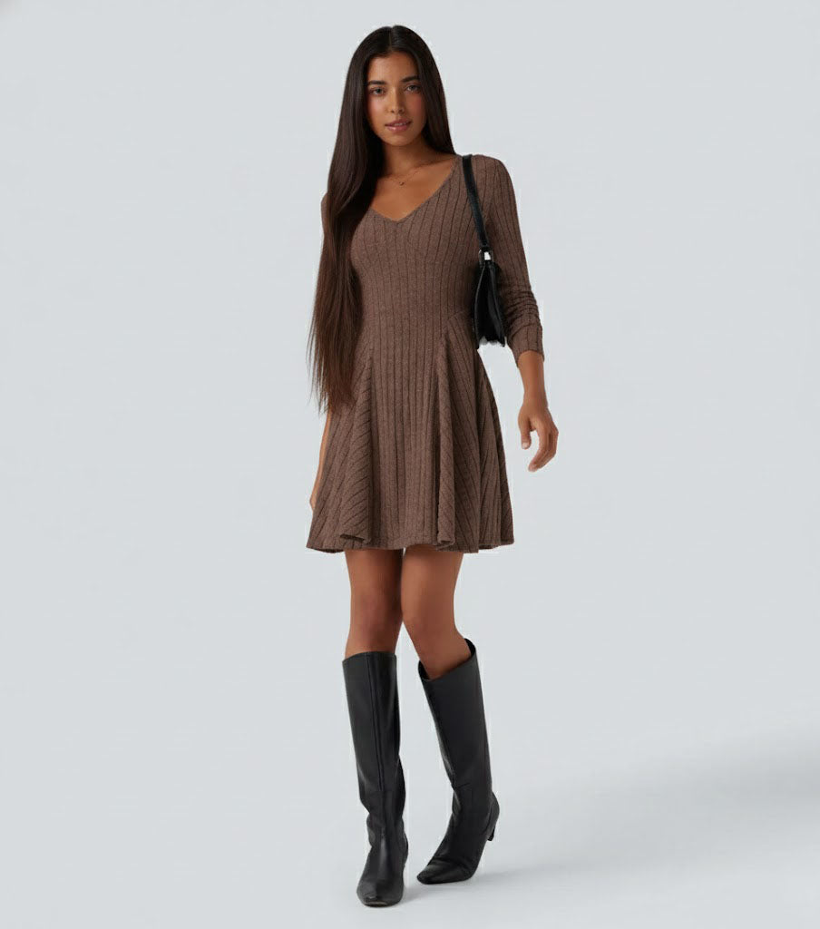 Ribbed Knit V Neck Long Sleeve Flare Casual Dress