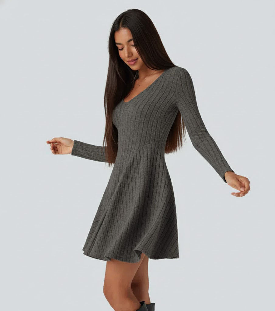 Ribbed Knit V Neck Long Sleeve Flare Casual Dress