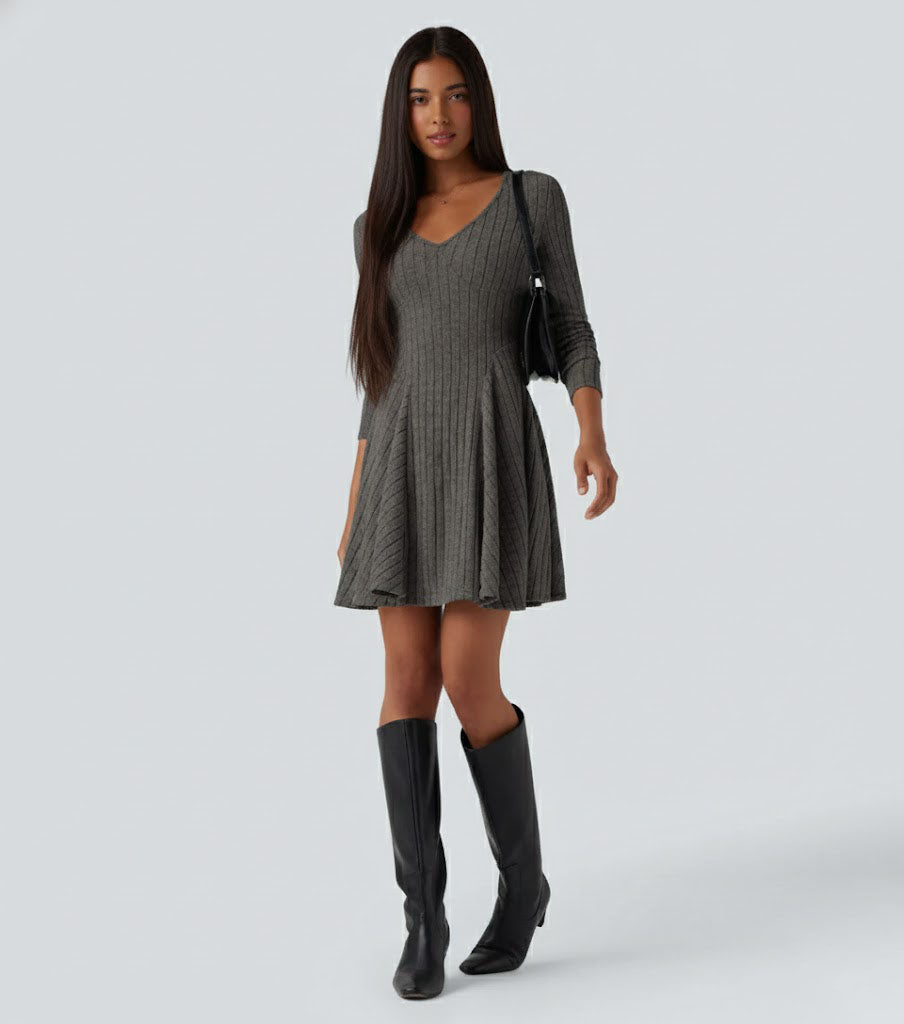 Ribbed Knit V Neck Long Sleeve Flare Casual Dress