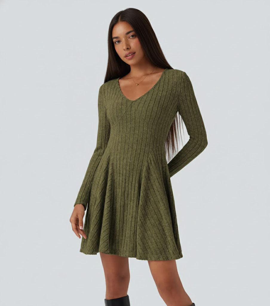 Ribbed Knit V Neck Long Sleeve Flare Casual Dress