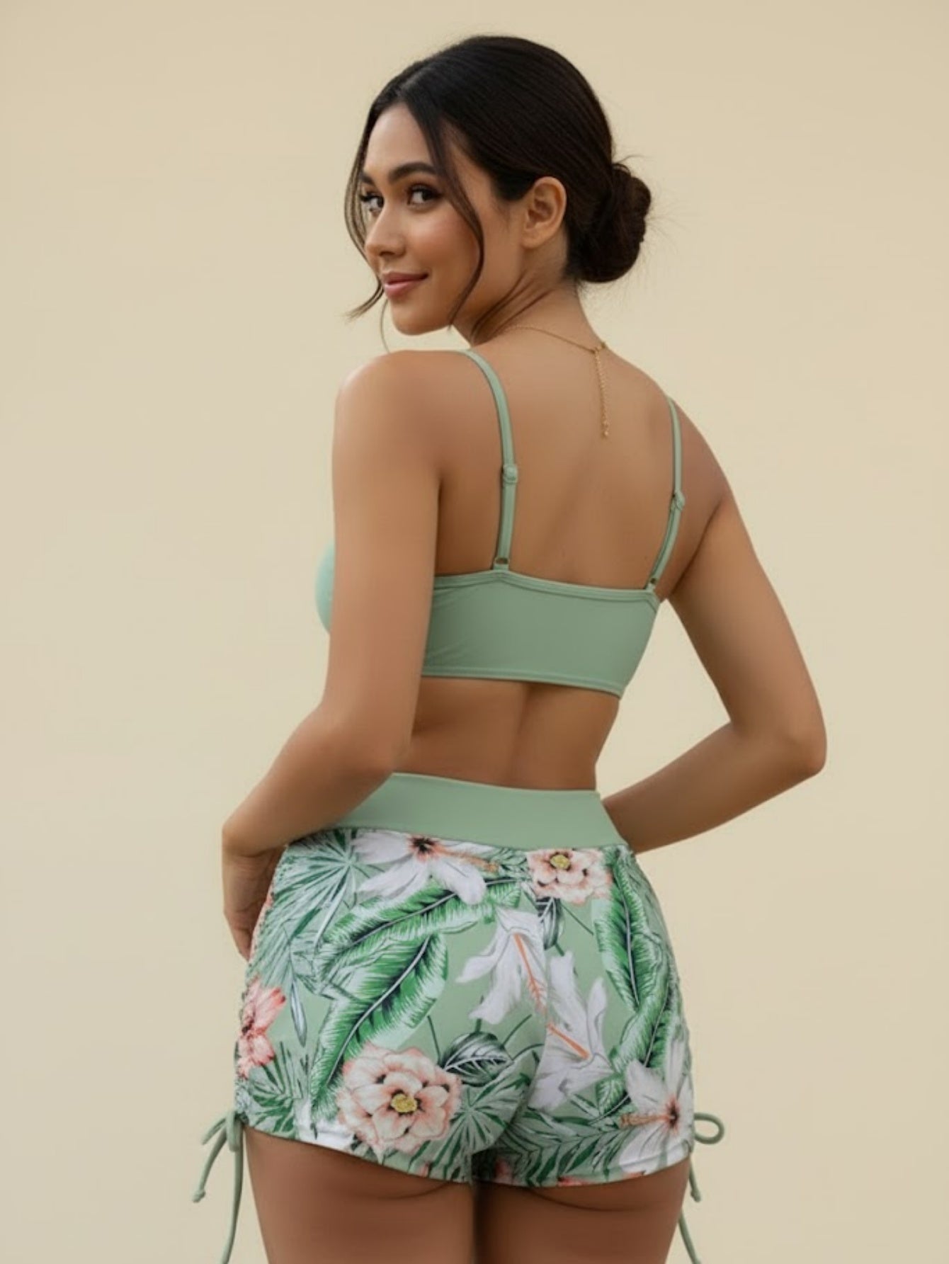 Tropical Print Drawstring High Waist Bikini Set