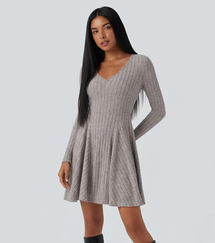 Ribbed Knit V Neck Long Sleeve Flare Casual Dress