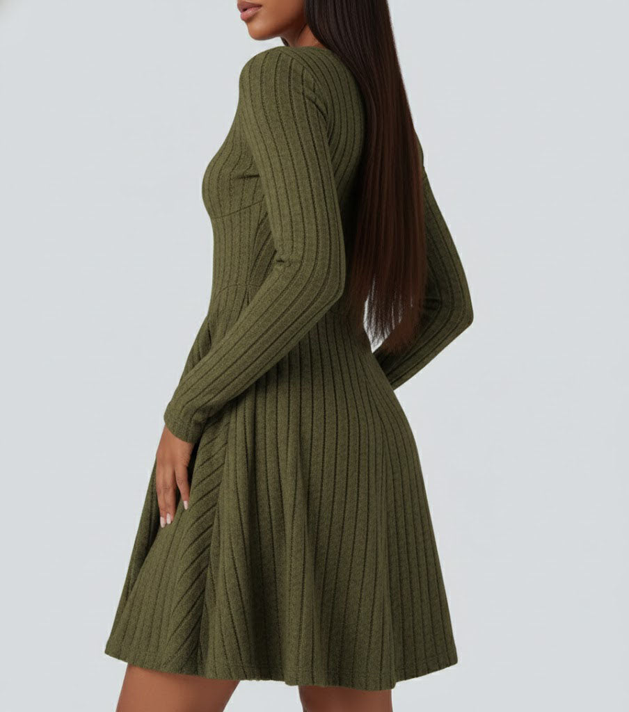 Ribbed Knit V Neck Long Sleeve Flare Casual Dress