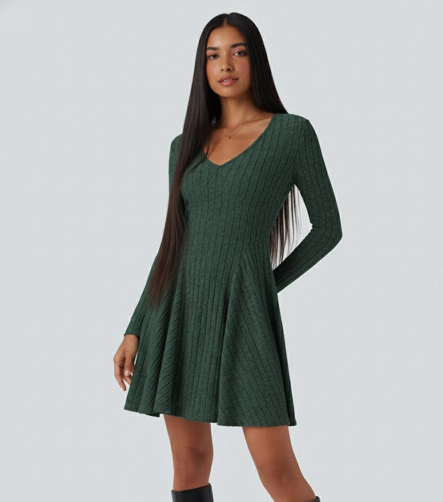Ribbed Knit V Neck Long Sleeve Flare Casual Dress