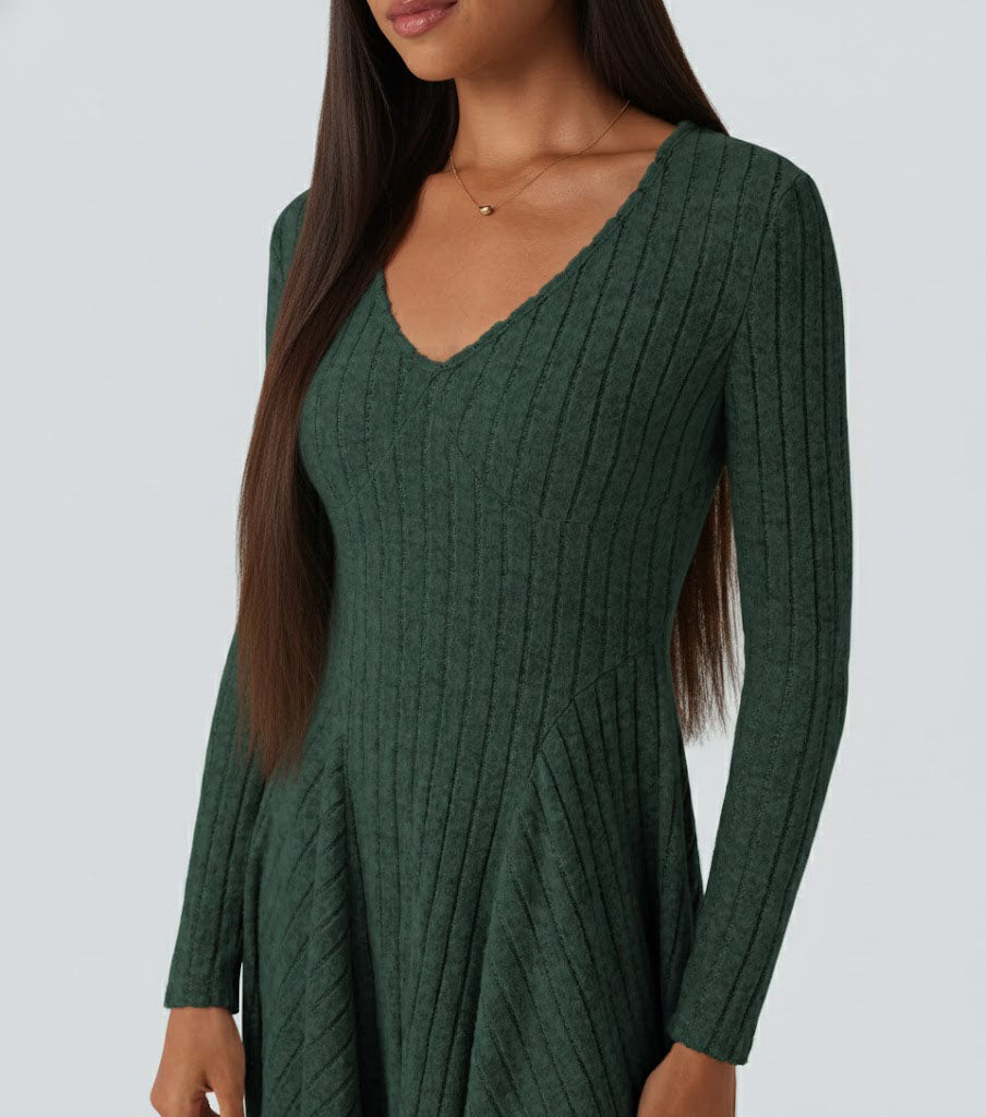 Ribbed Knit V Neck Long Sleeve Flare Casual Dress