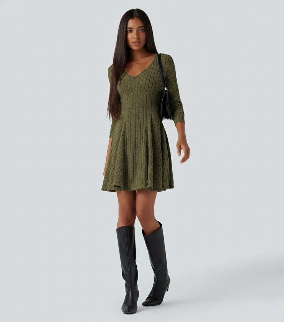 Ribbed Knit V Neck Long Sleeve Flare Casual Dress