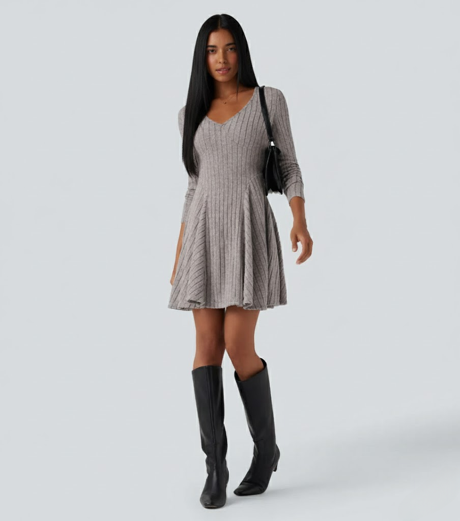 Ribbed Knit V Neck Long Sleeve Flare Casual Dress