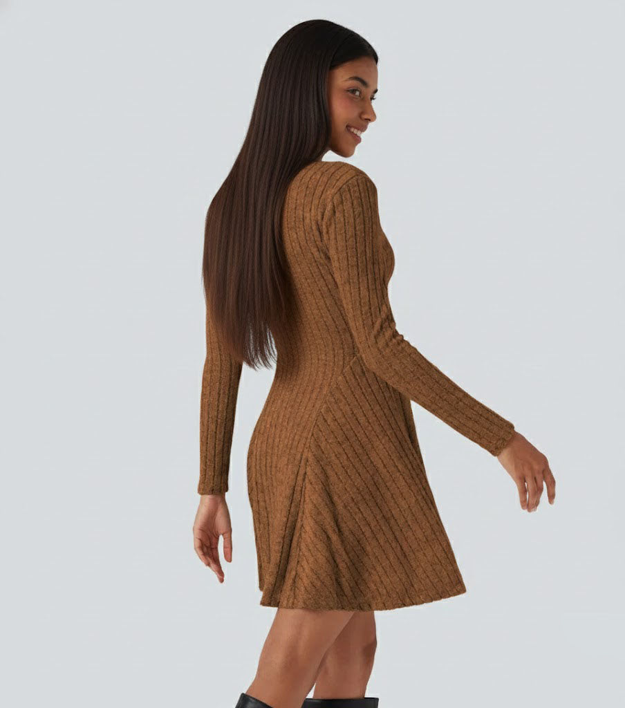 Ribbed Knit V Neck Long Sleeve Flare Casual Dress