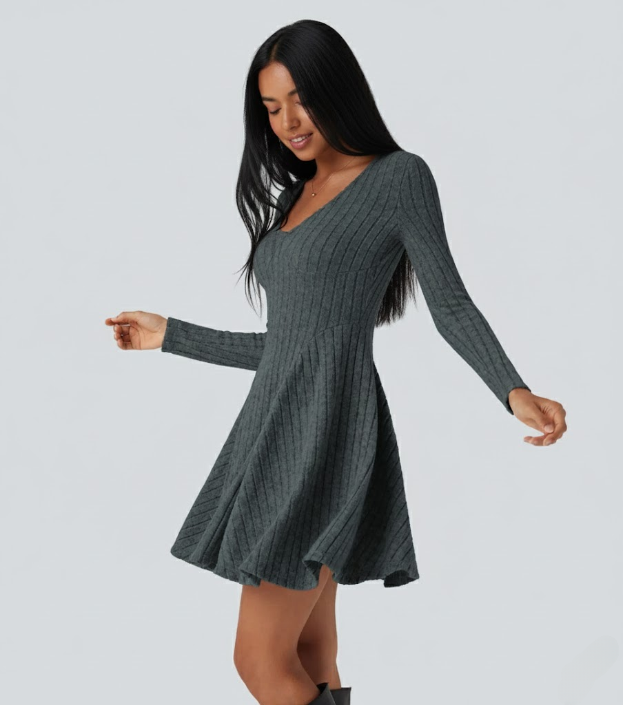 Ribbed Knit V Neck Long Sleeve Flare Casual Dress