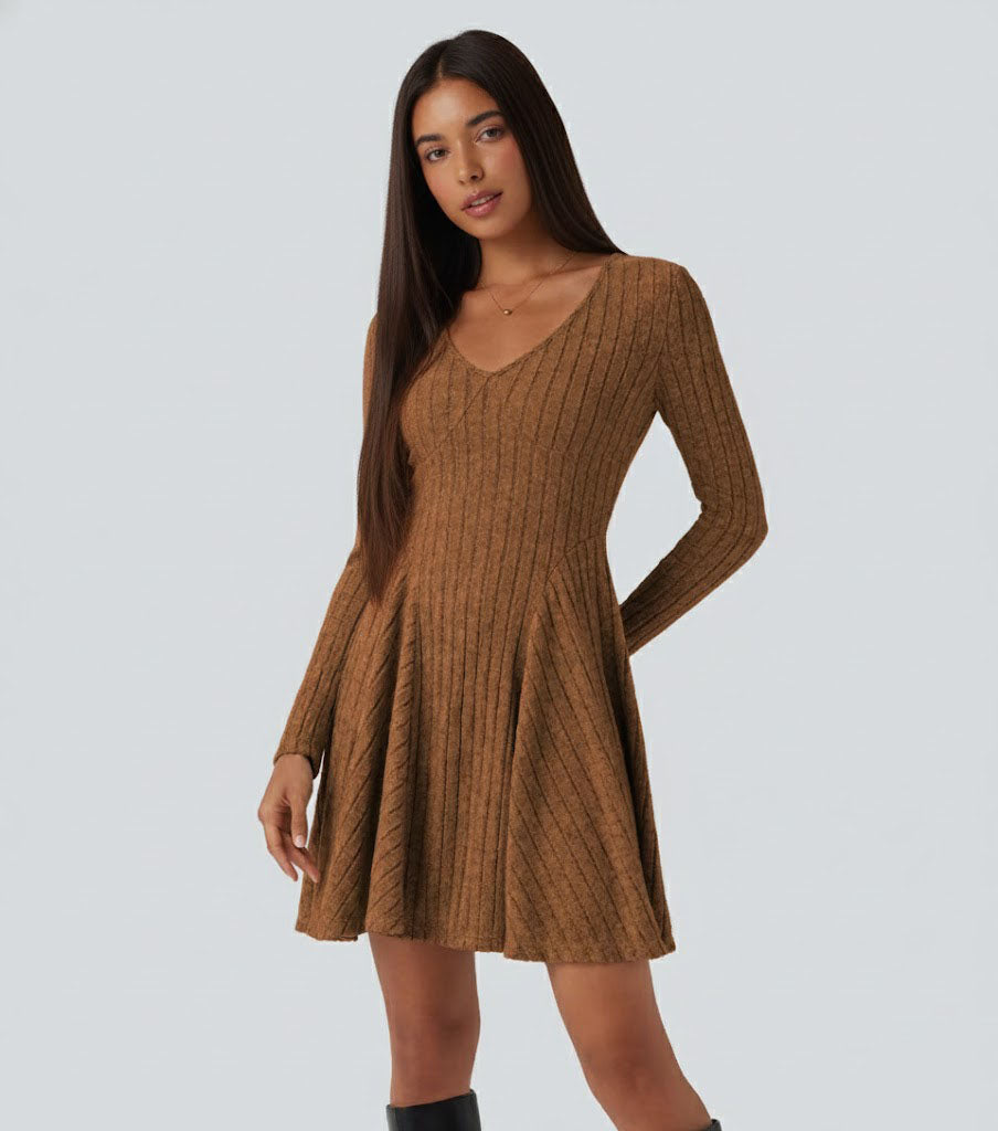 Ribbed Knit V Neck Long Sleeve Flare Casual Dress