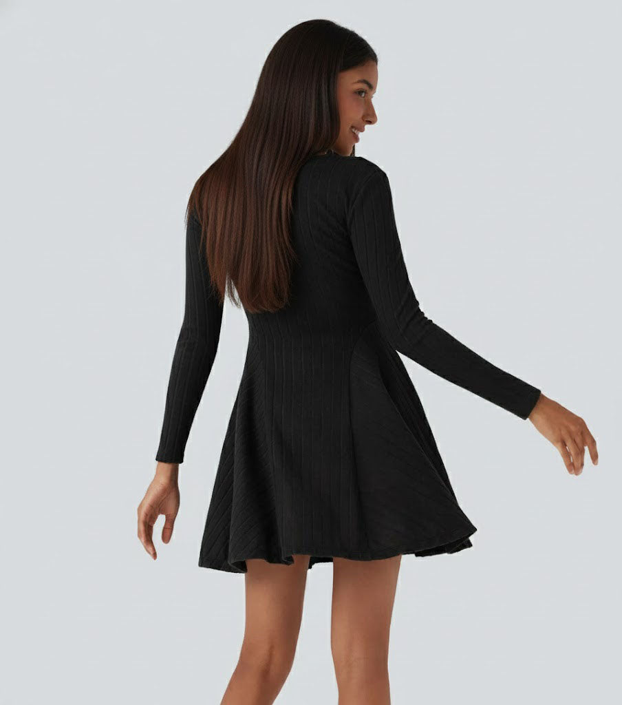 Ribbed Knit V Neck Long Sleeve Flare Casual Dress