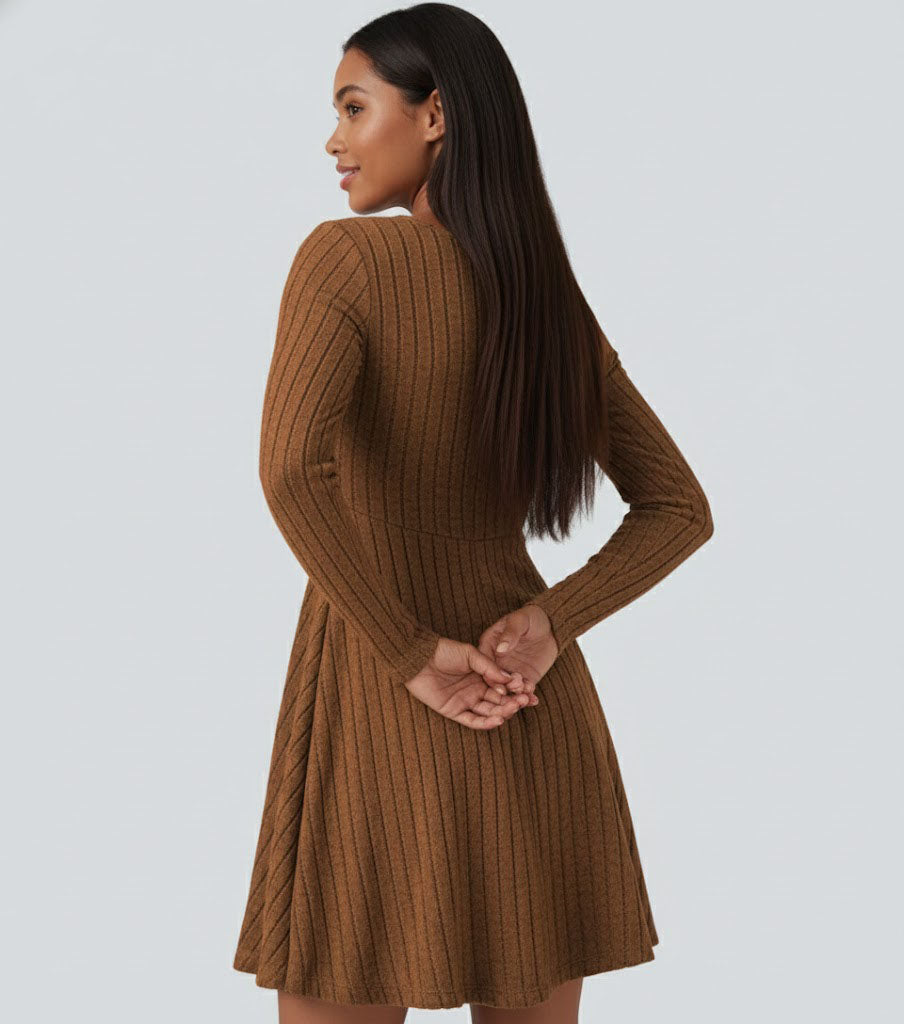 Ribbed Knit V Neck Long Sleeve Flare Casual Dress