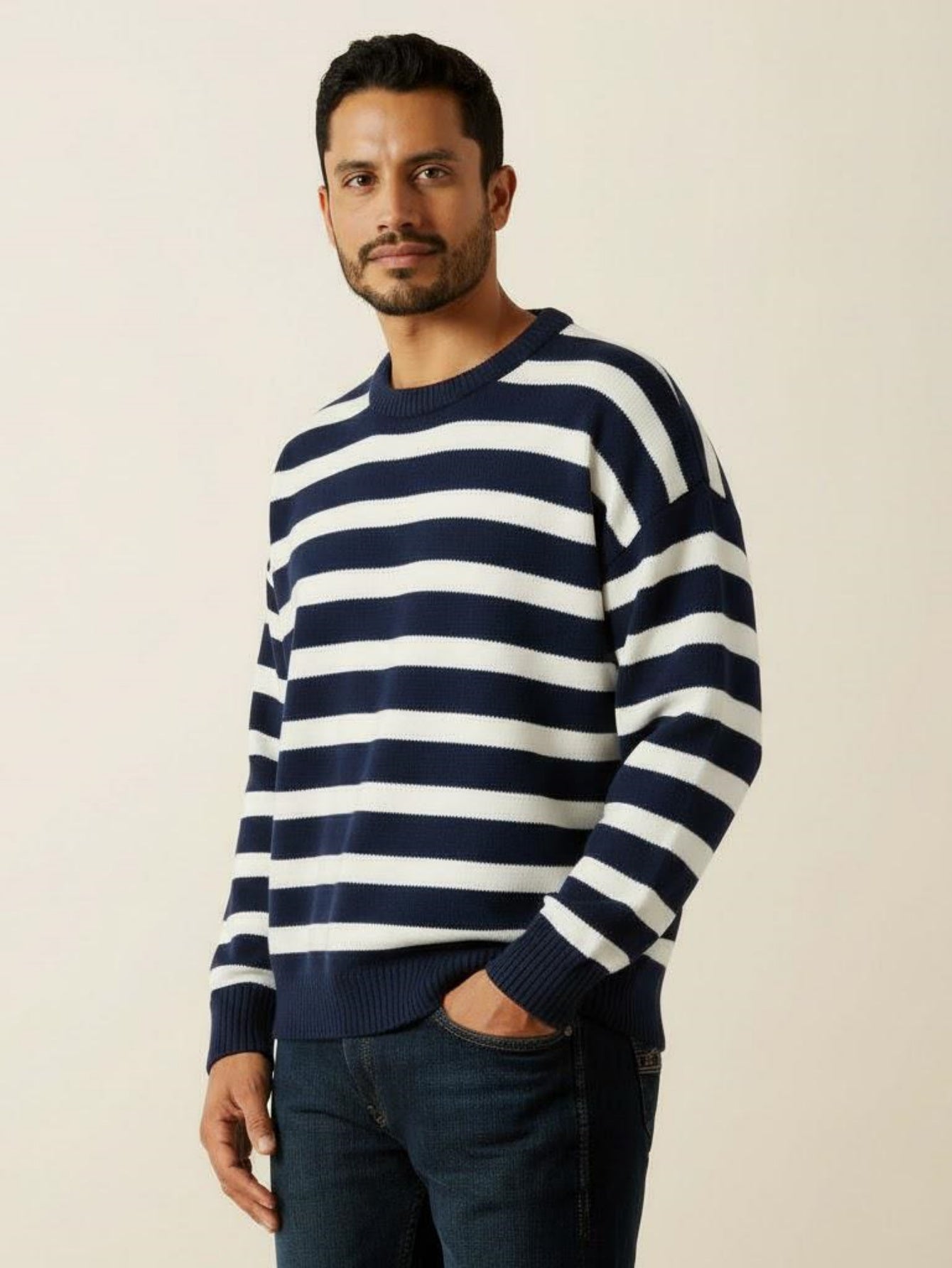 Men¡¯s Navy and White Striped Knit Sweater ¨C Casual Crewneck Pullover