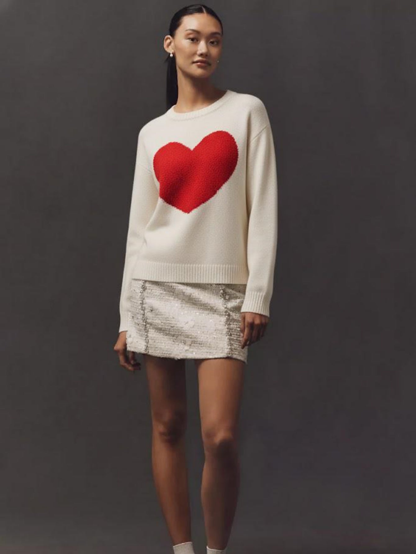Heart Print Knit Pullover Sweater