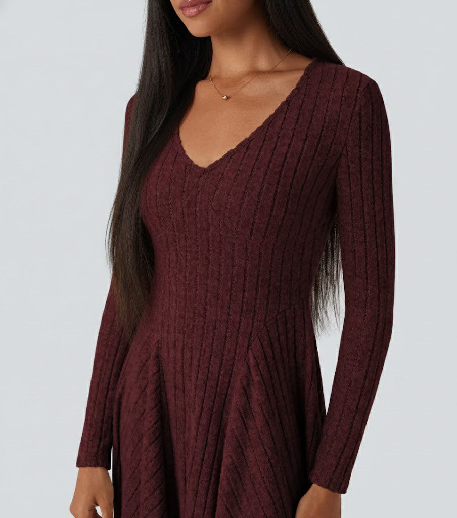 Ribbed Knit V Neck Long Sleeve Flare Casual Dress