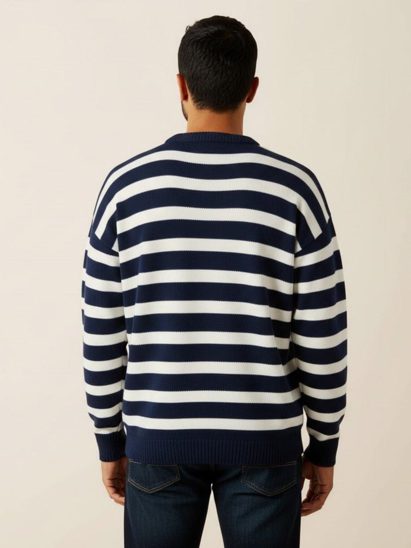 Men¡¯s Navy and White Striped Knit Sweater ¨C Casual Crewneck Pullover