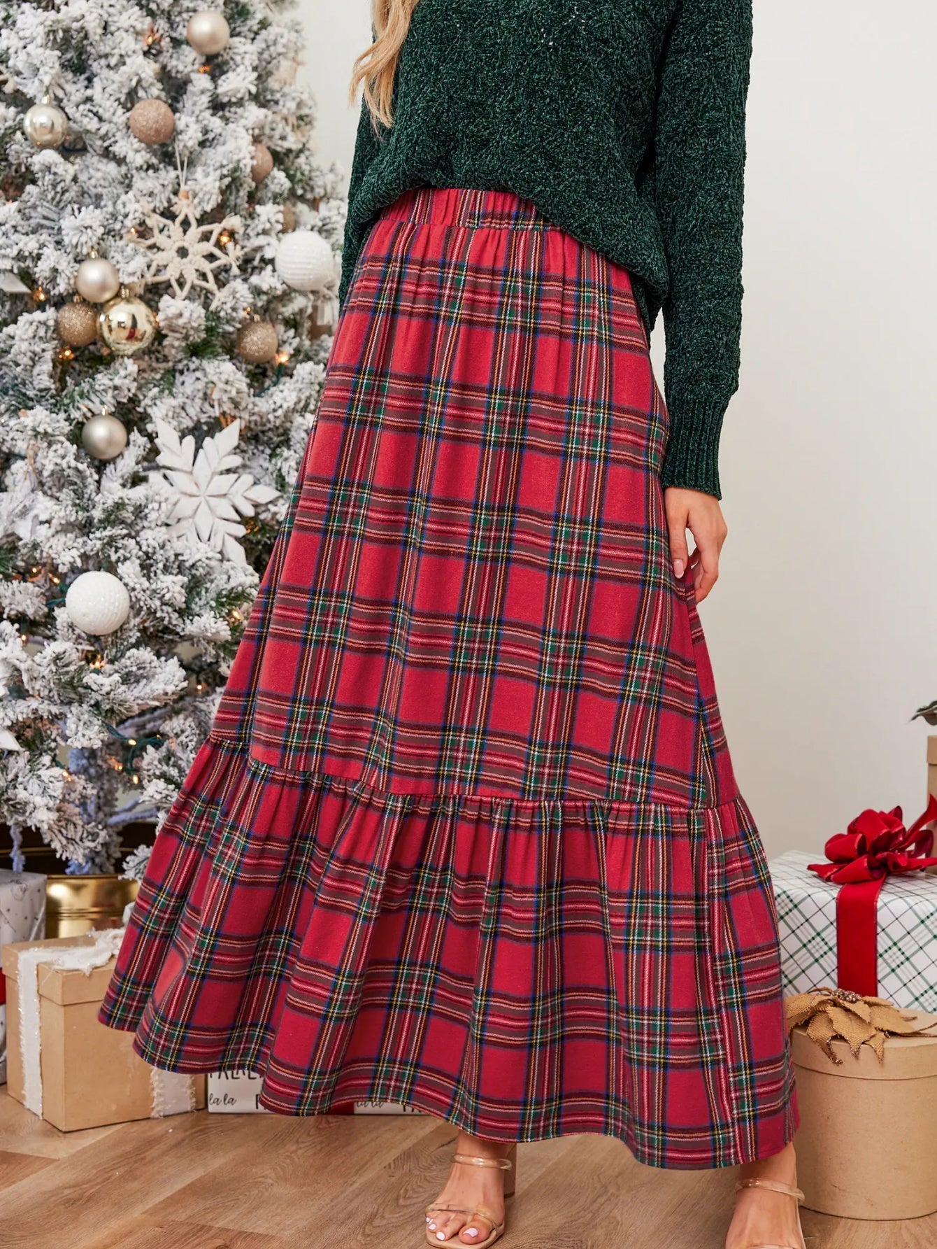 Burgundy Plaid Ruffled Maxi Skirt