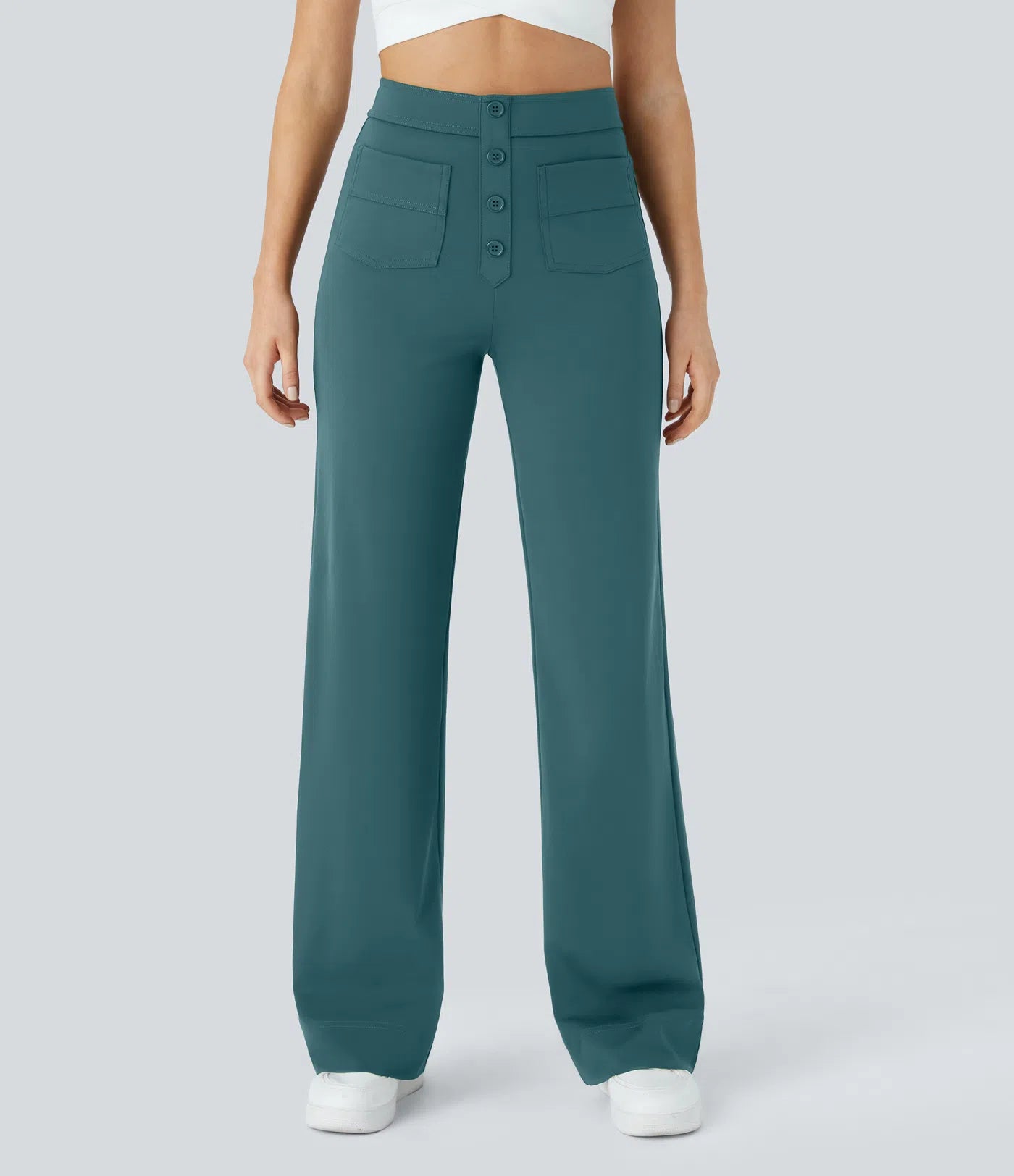 High Waisted Pockets Straight Leg Casual Pants