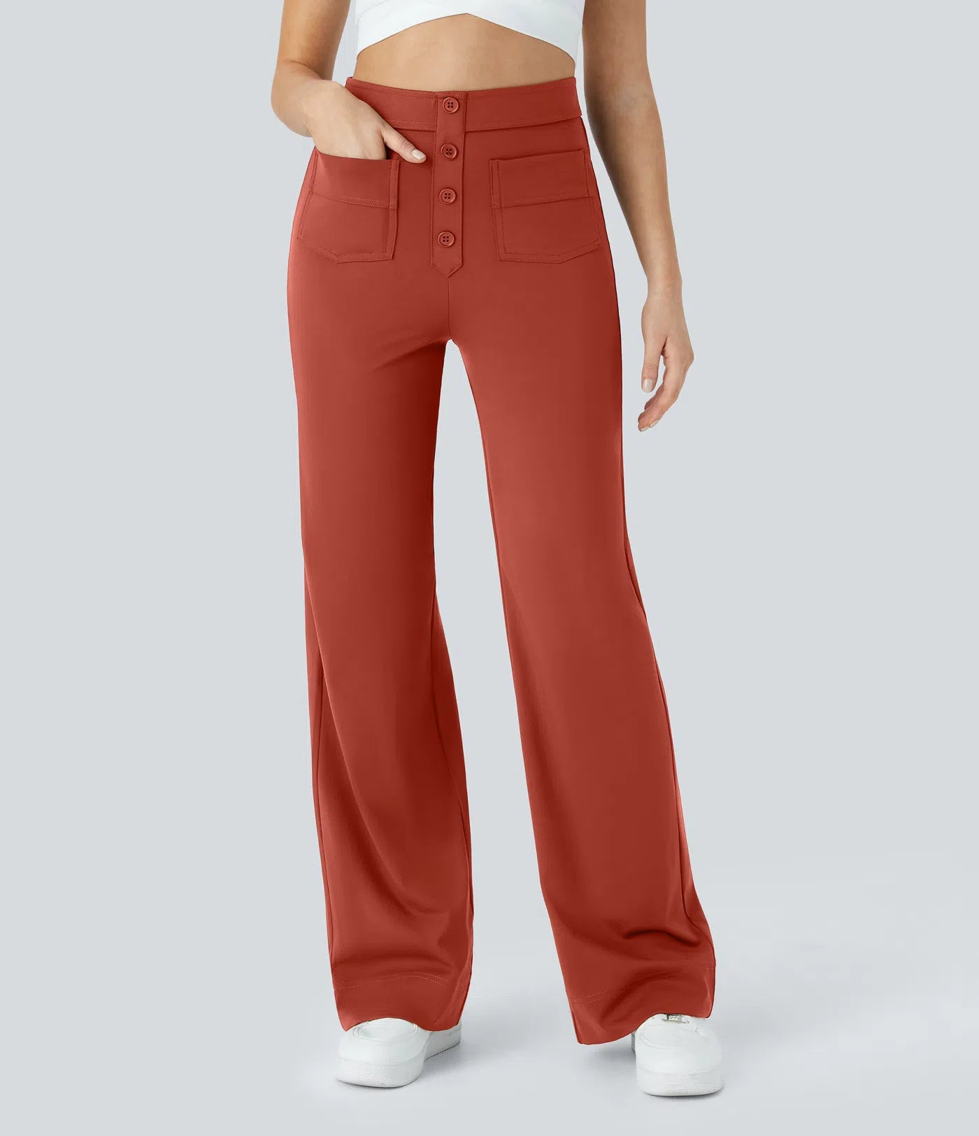 High Waisted Pockets Straight Leg Casual Pants