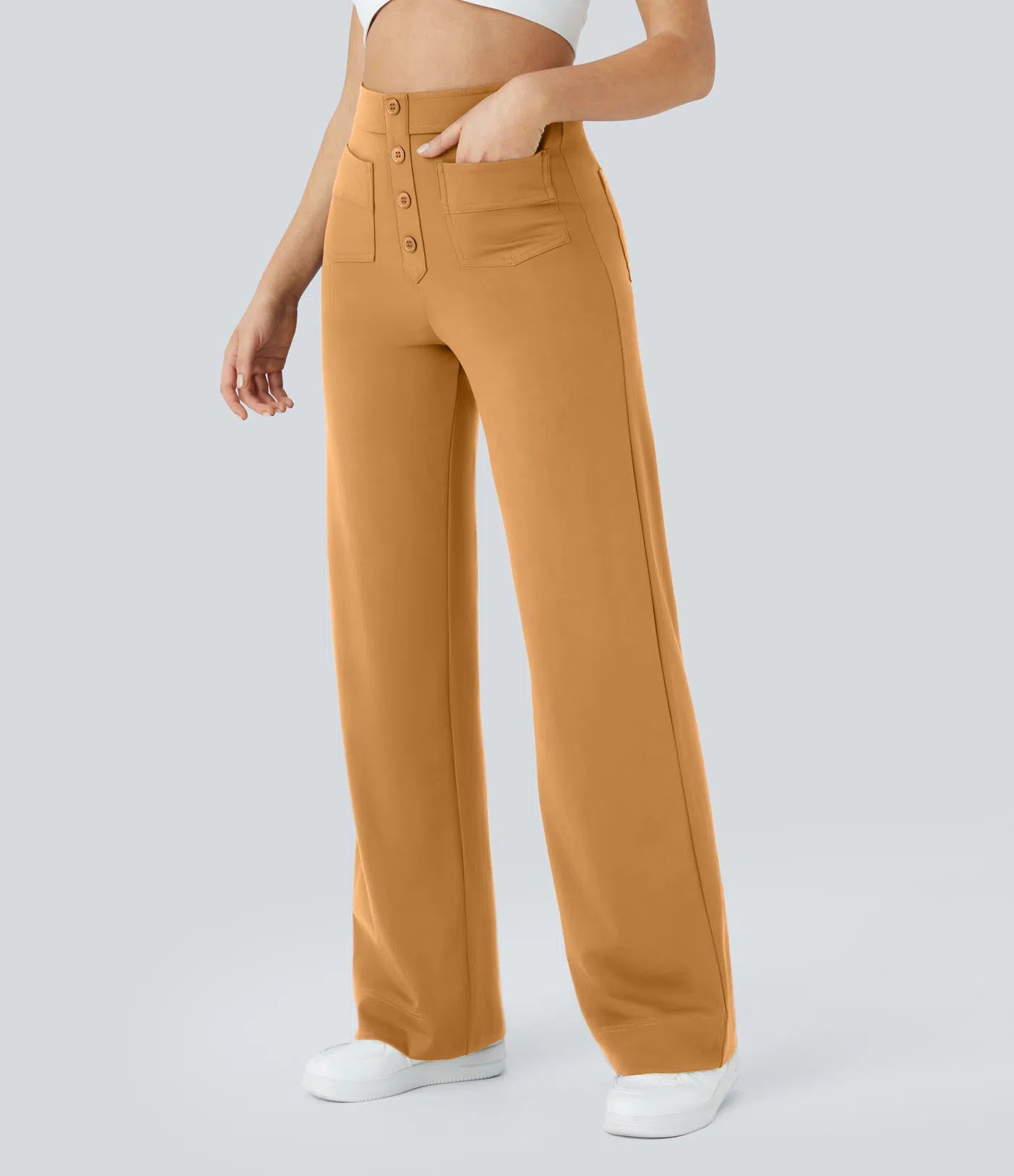 High Waisted Pockets Straight Leg Casual Pants