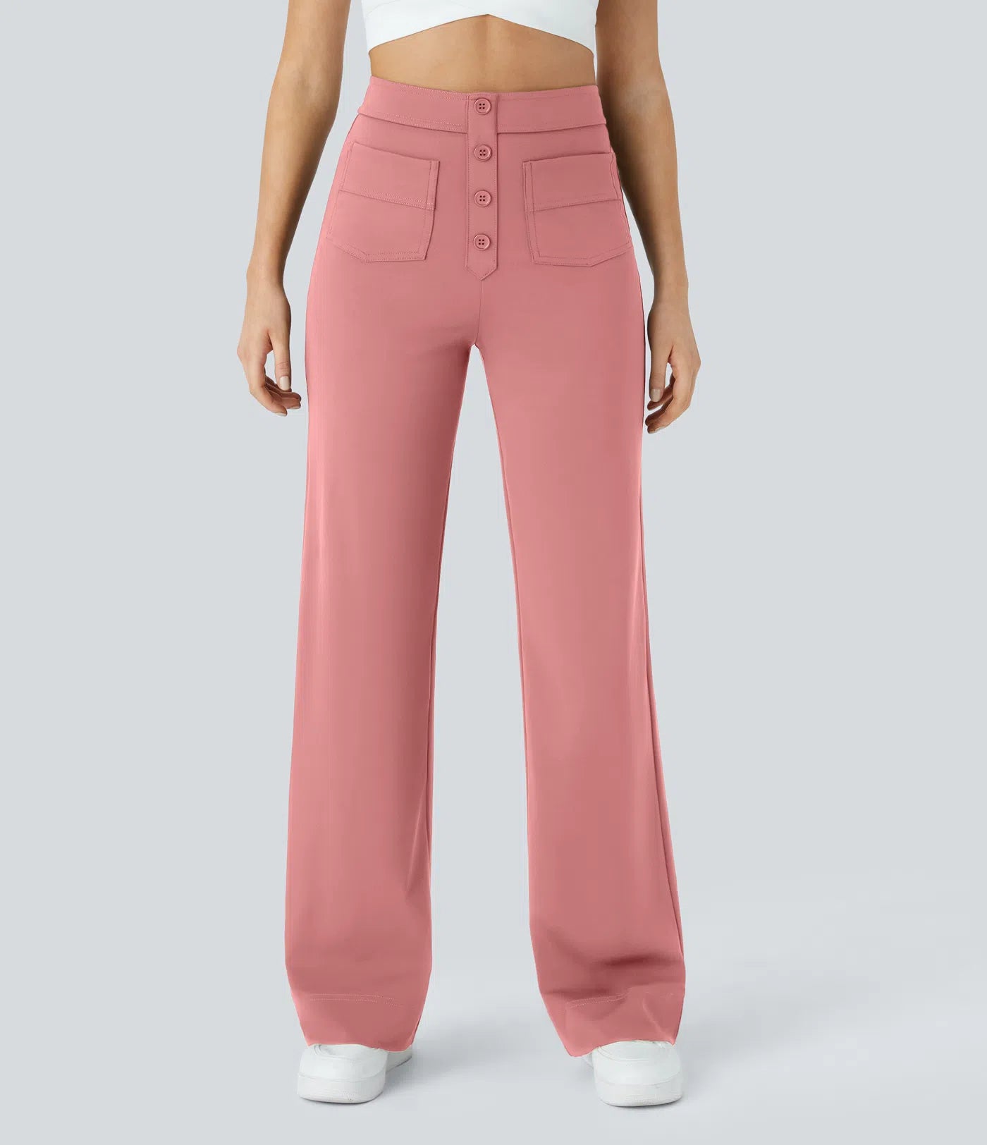 High Waisted Pockets Straight Leg Casual Pants