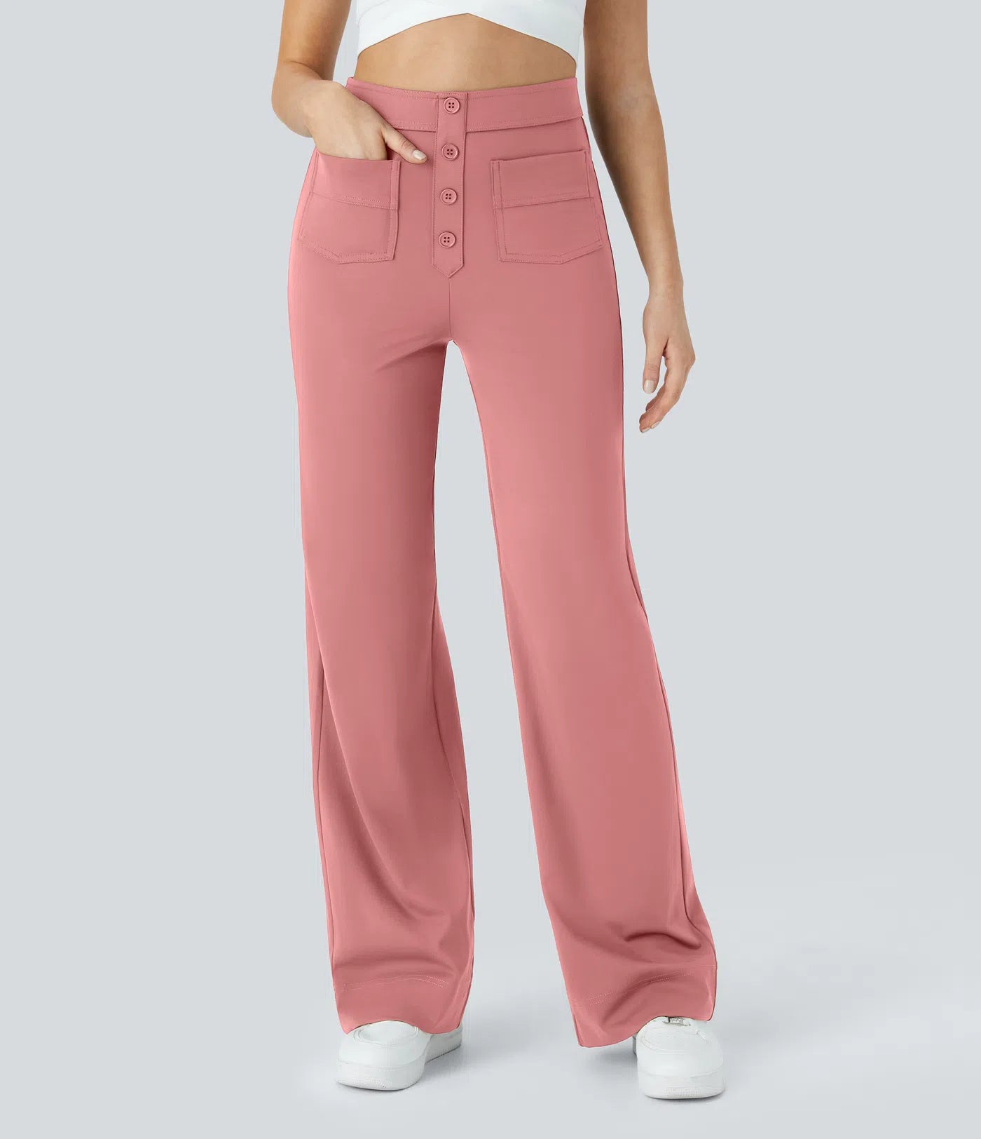 High Waisted Pockets Straight Leg Casual Pants