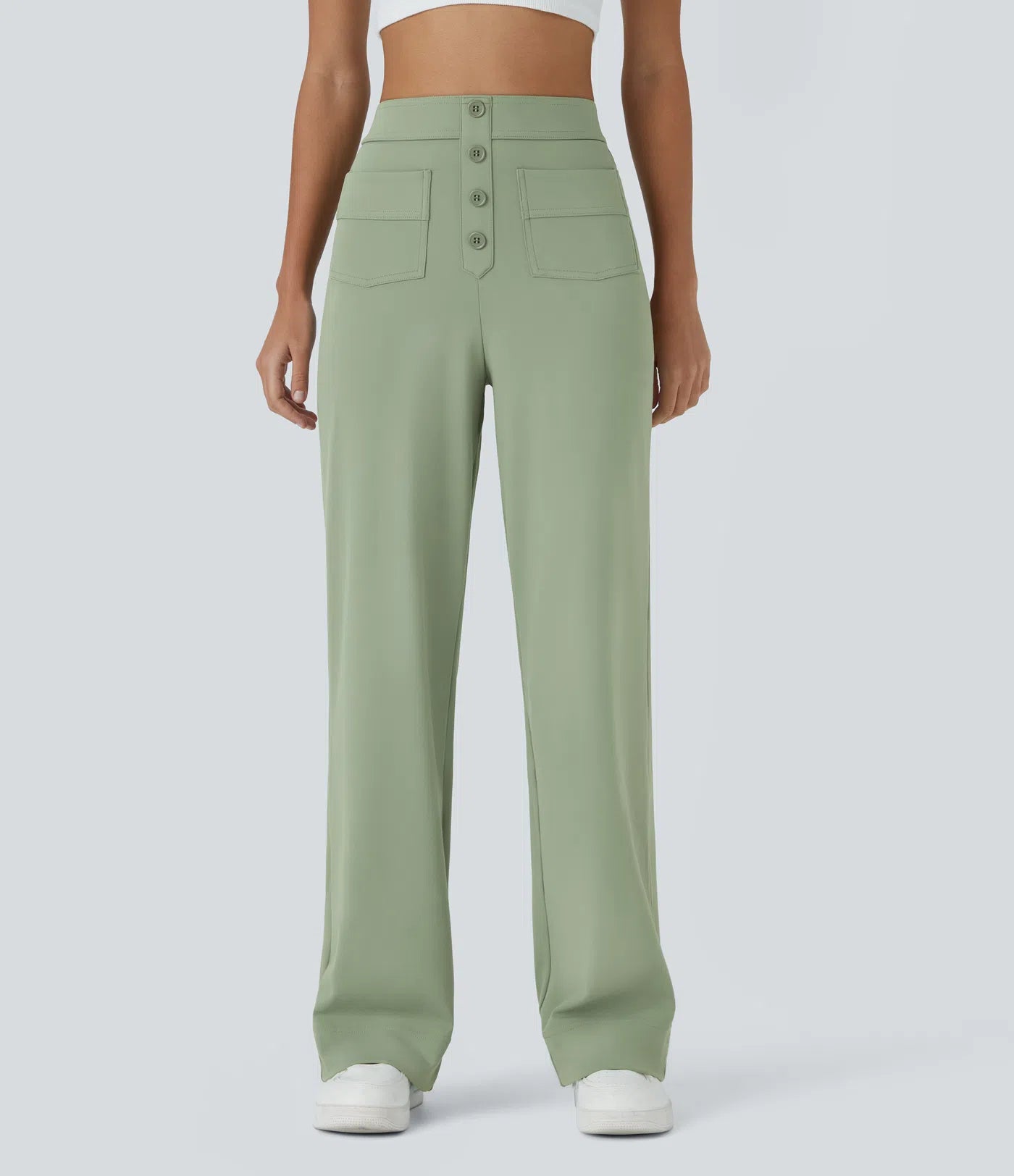 High Waisted Pockets Straight Leg Casual Pants