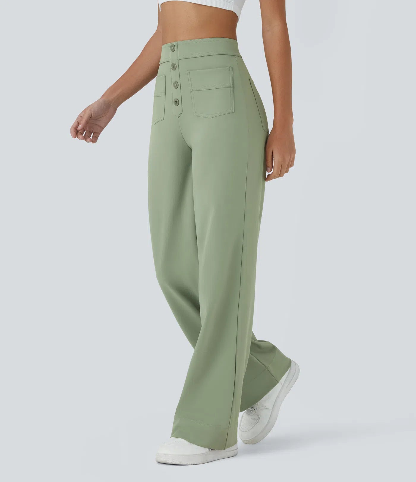 High Waisted Pockets Straight Leg Casual Pants