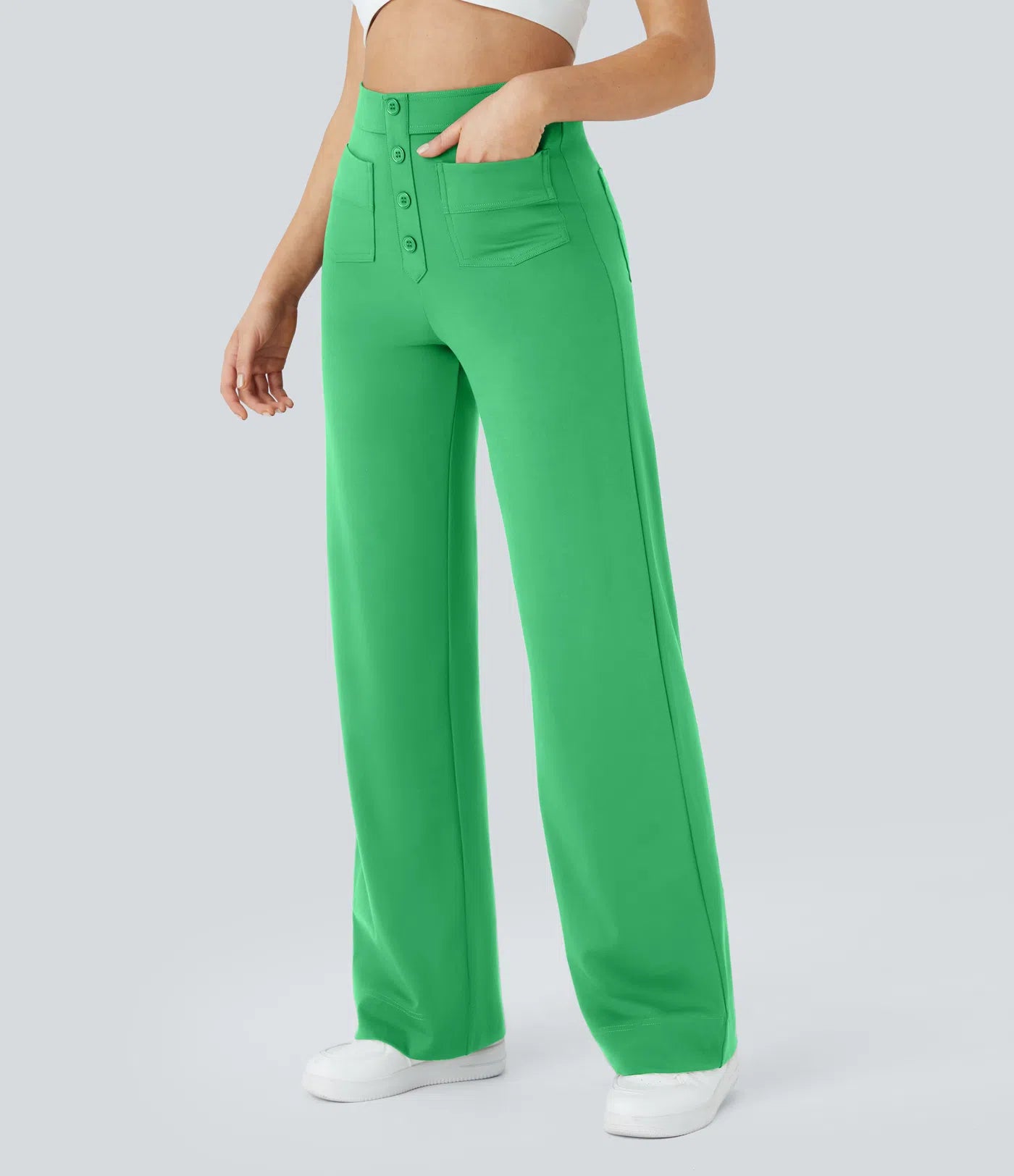 High Waisted Pockets Straight Leg Casual Pants
