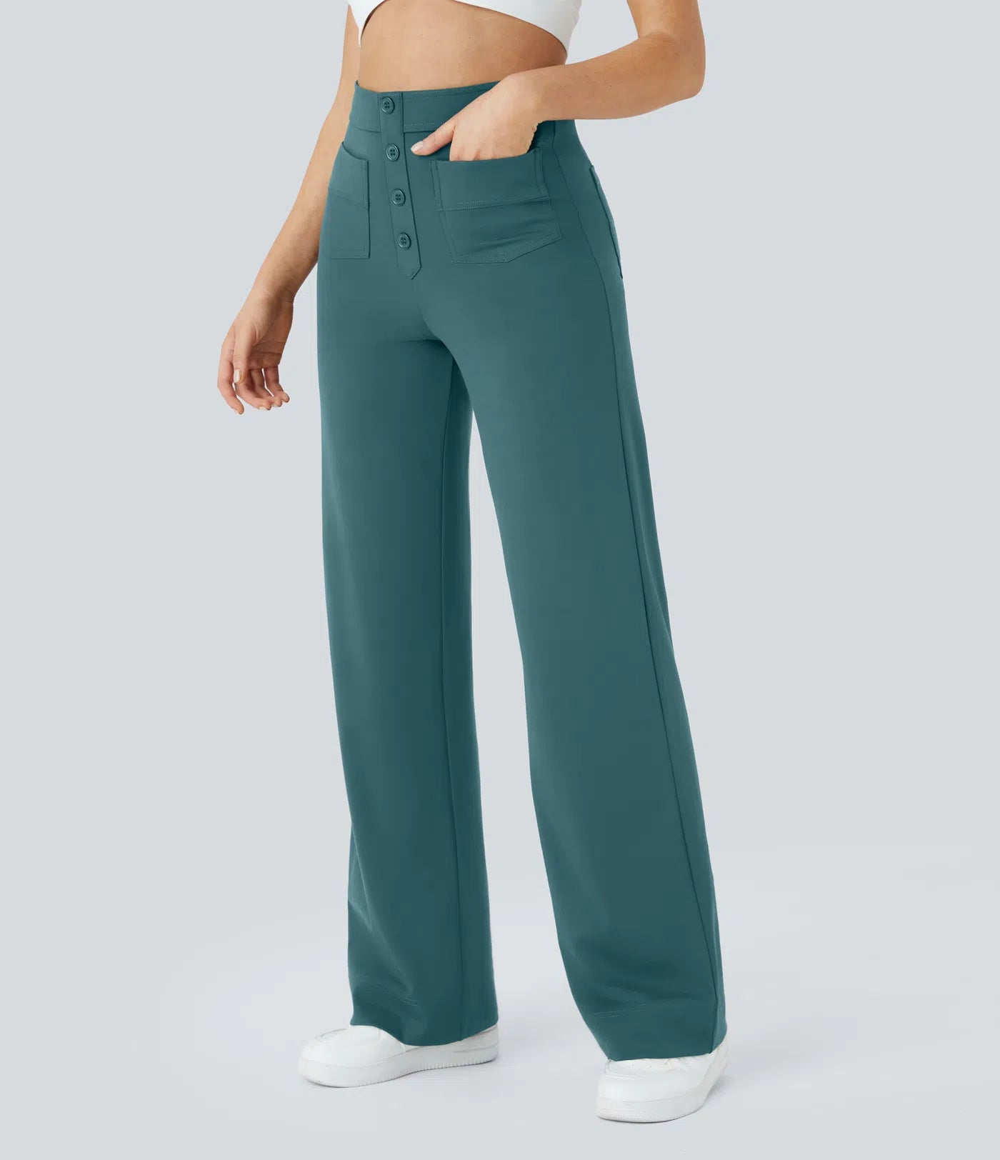 High Waisted Pockets Straight Leg Casual Pants