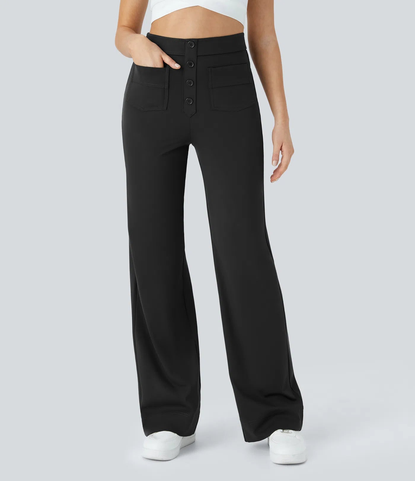 High Waisted Pockets Straight Leg Casual Pants