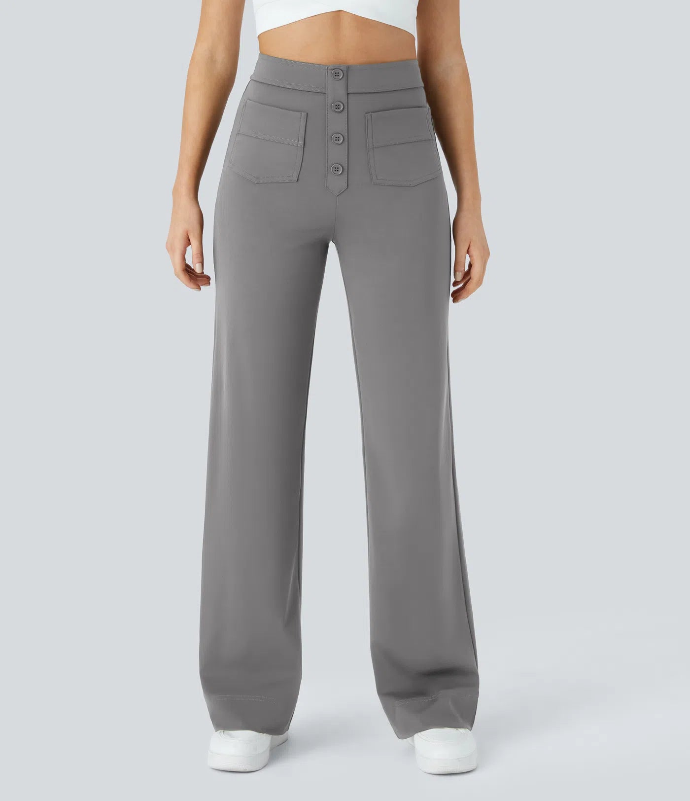 High Waisted Pockets Straight Leg Casual Pants