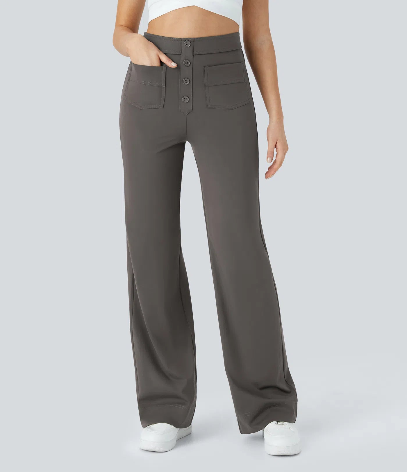 High Waisted Pockets Straight Leg Casual Pants
