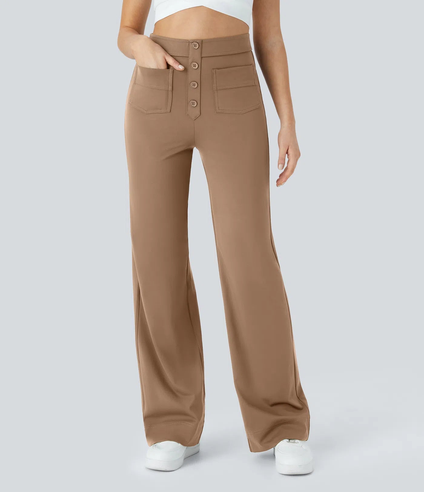 High Waisted Pockets Straight Leg Casual Pants