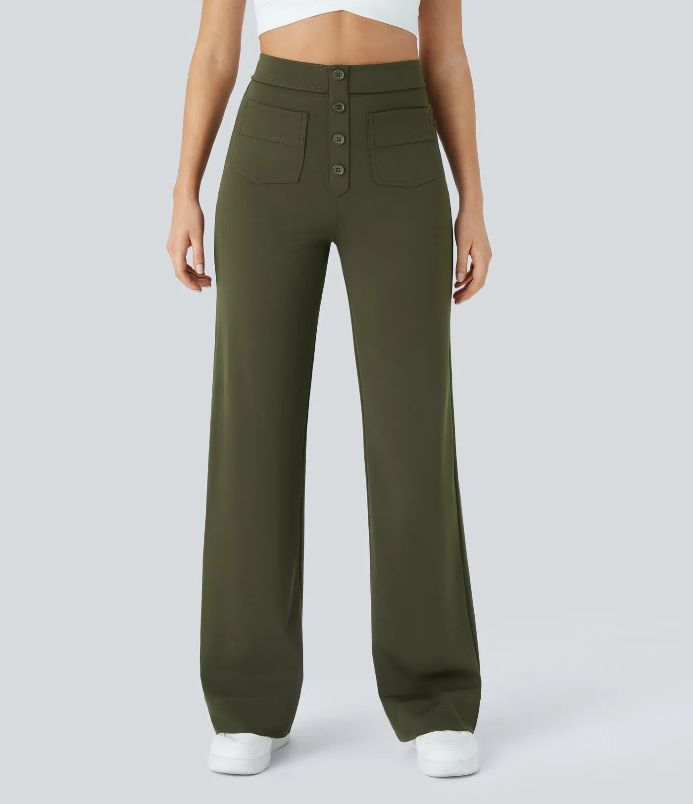 High Waisted Pockets Straight Leg Casual Pants