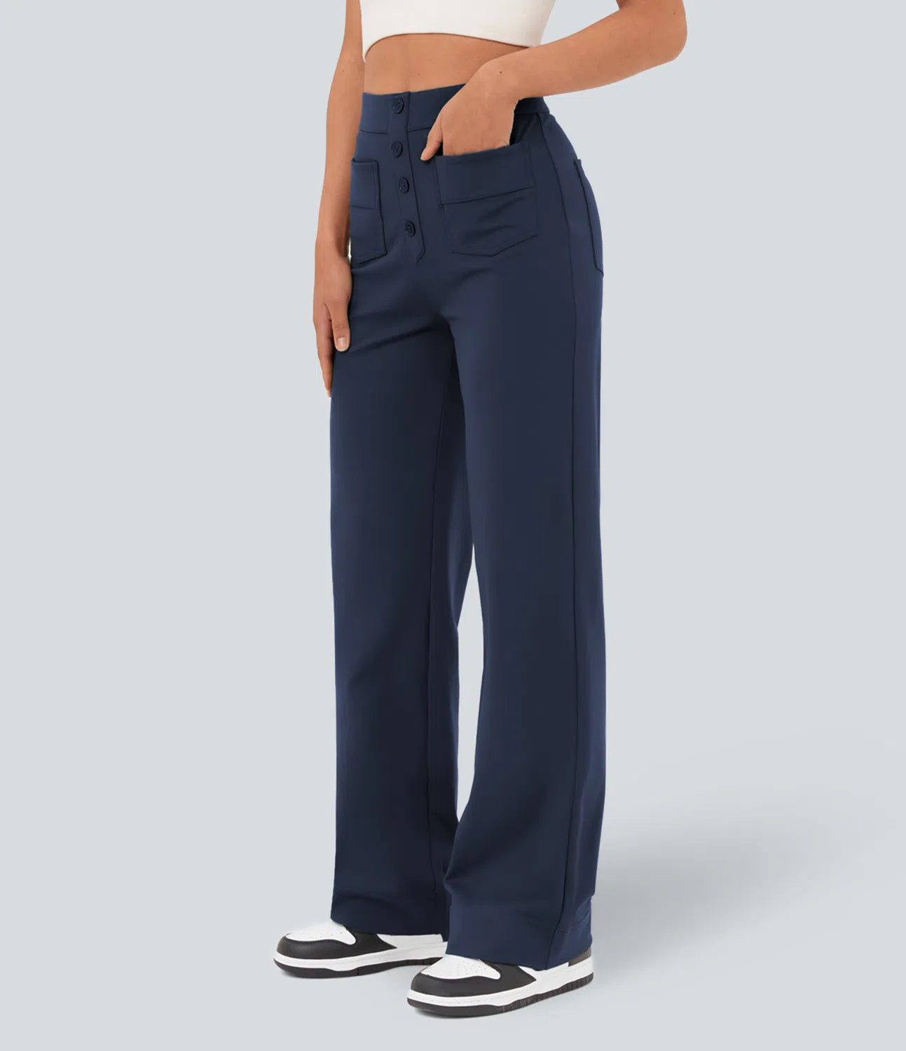 High Waisted Pockets Straight Leg Casual Pants
