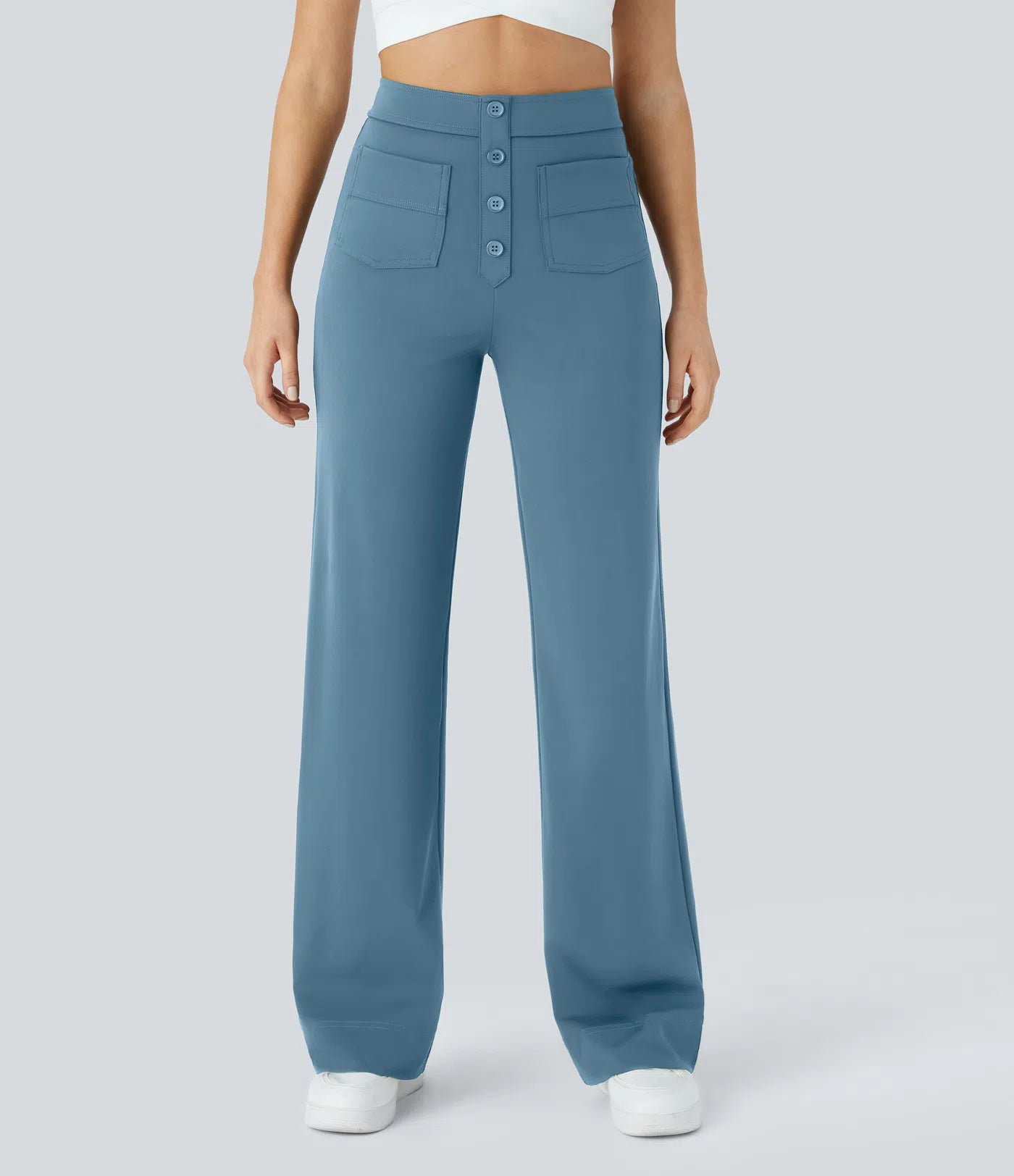 High Waisted Pockets Straight Leg Casual Pants