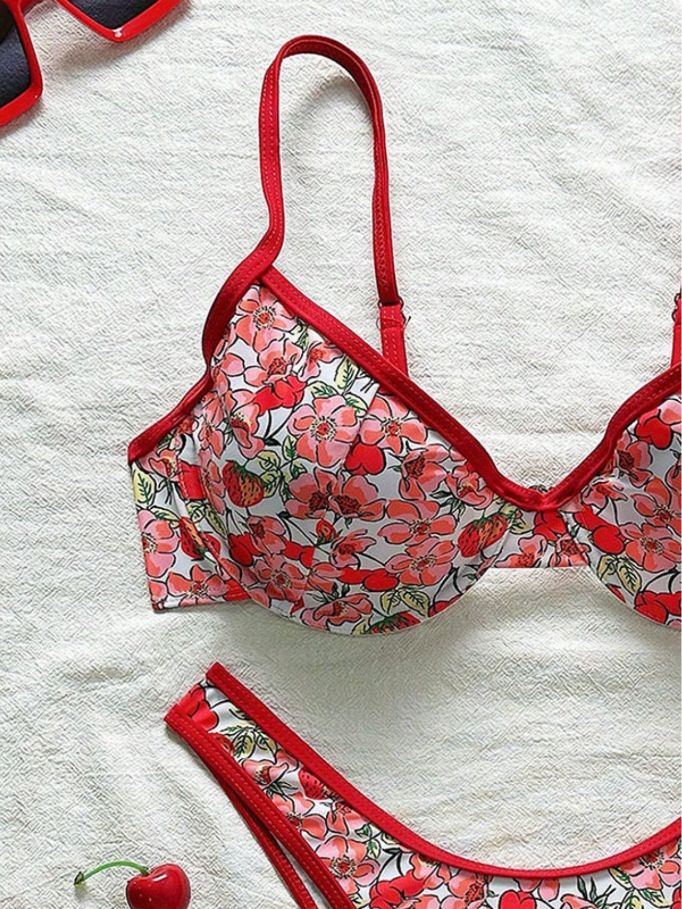 Red Floral Print Strappy Bikini Set
