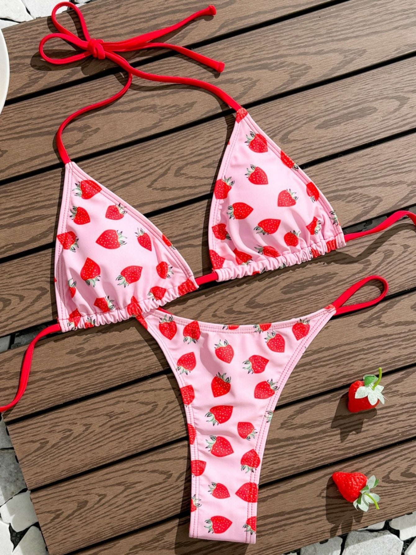 Strawberry Print String Triangle Bikini Set