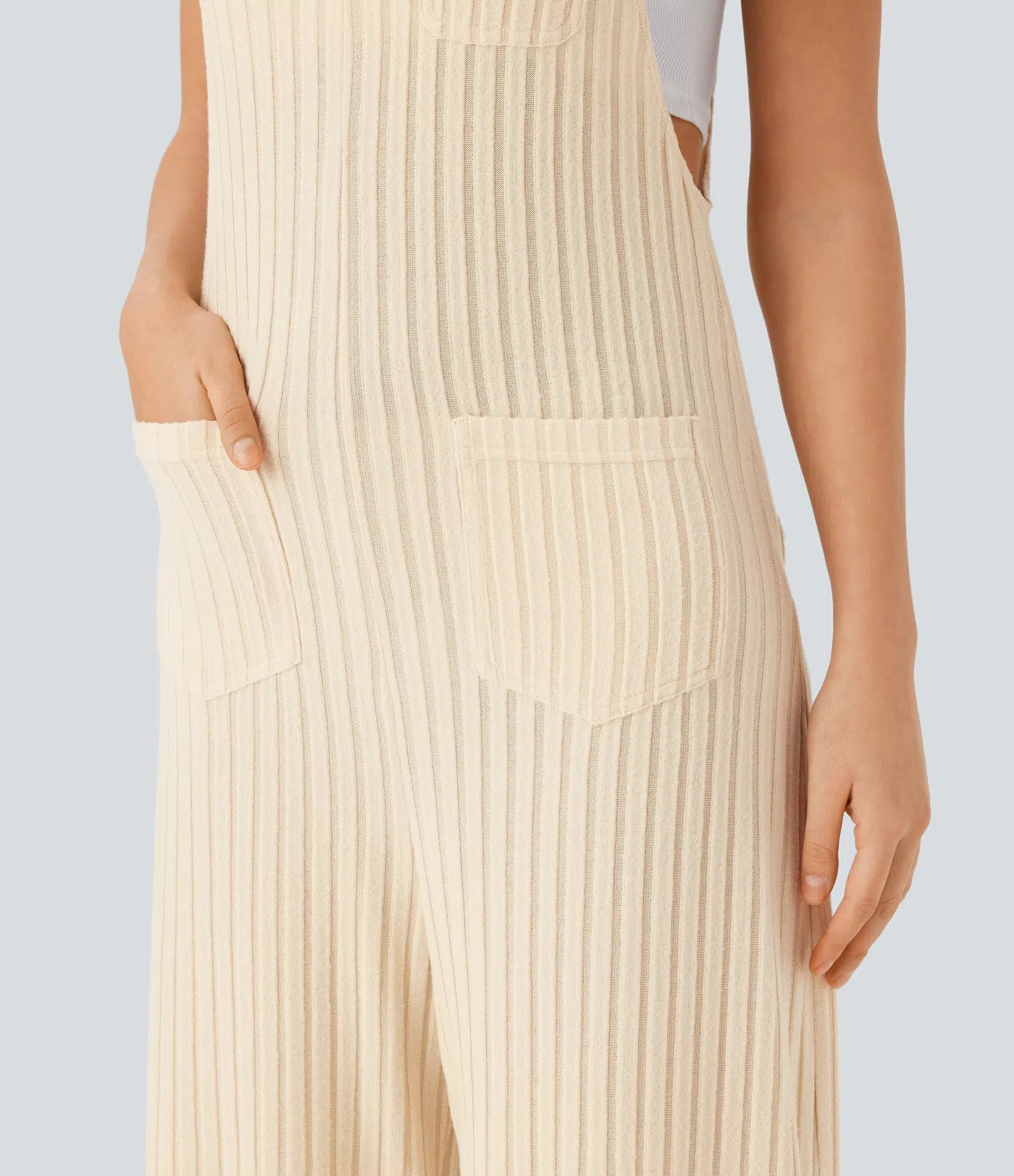 Ribbed Knit Pockets Casual Overalls