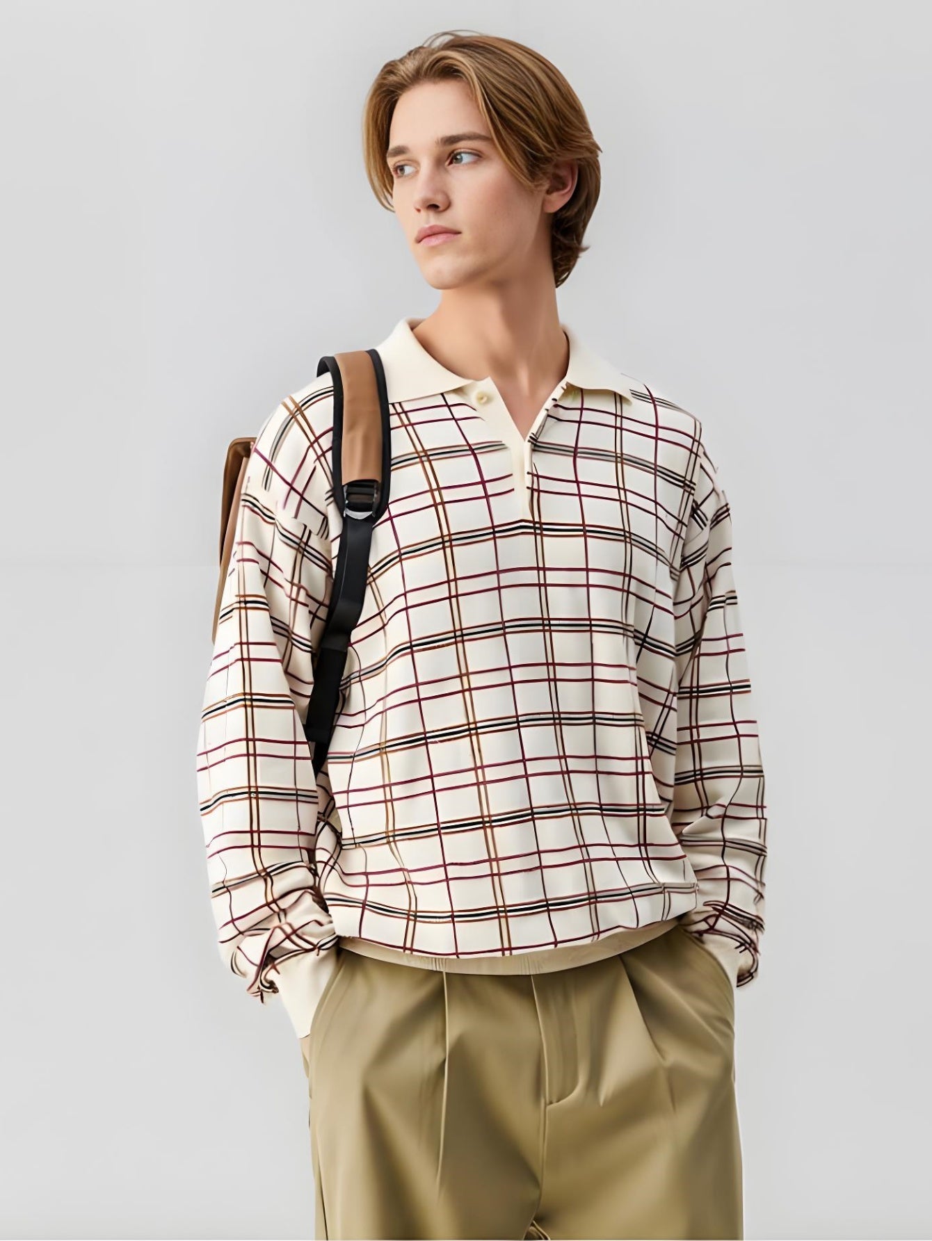 Men¡¯s Beige Plaid Knit Sweater ¨C Retro Checkered Long-Sleeve Pullover