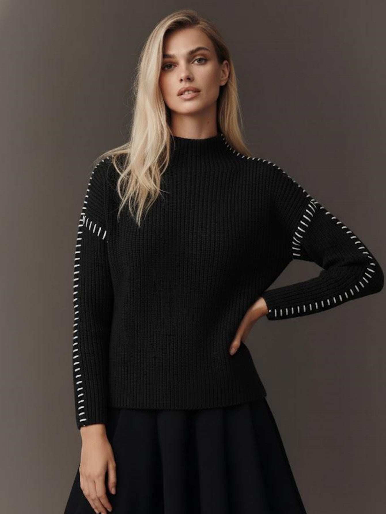 Mock Neck Pullover with Contrast Stitch