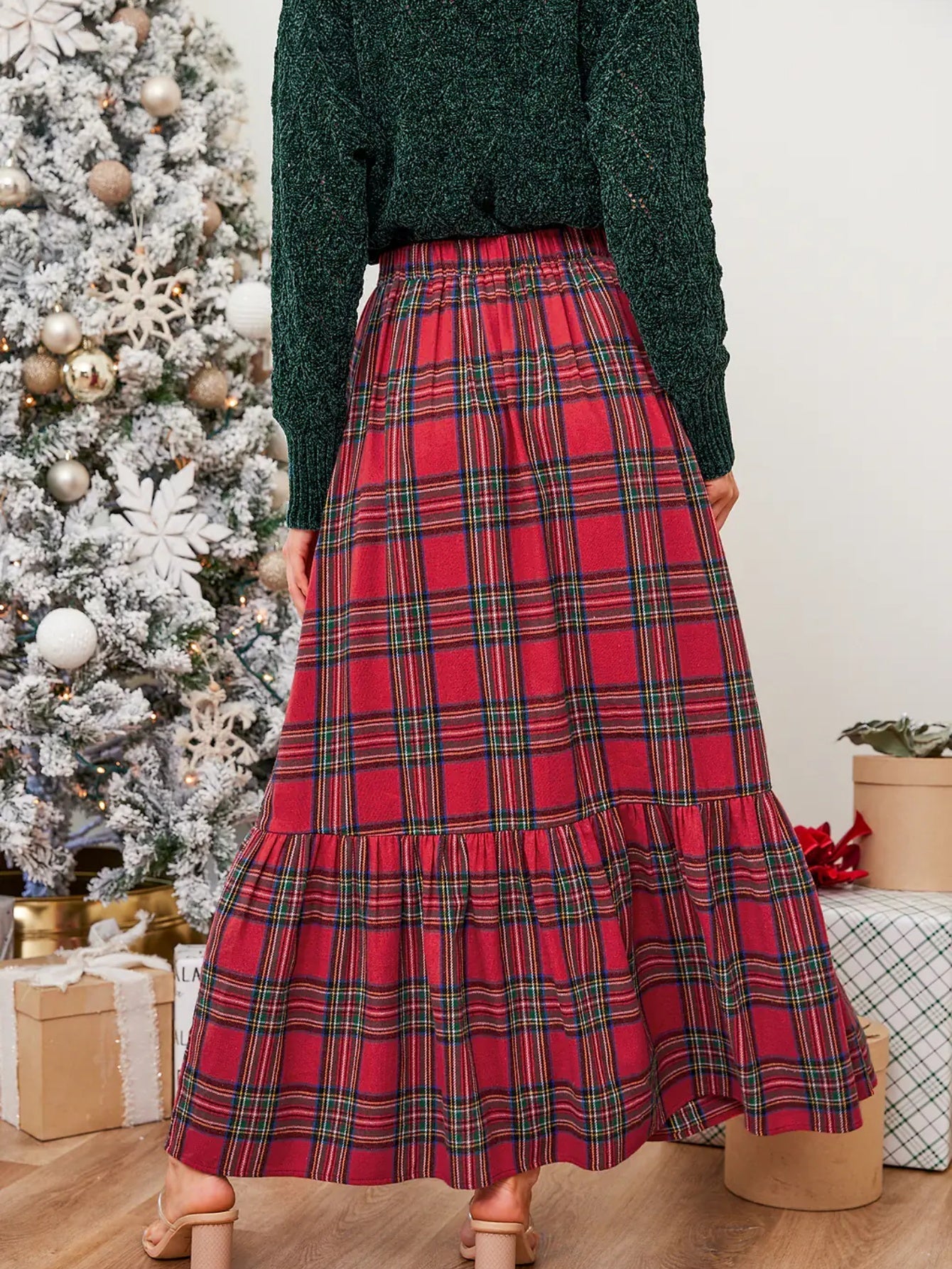 Burgundy Plaid Ruffled Maxi Skirt
