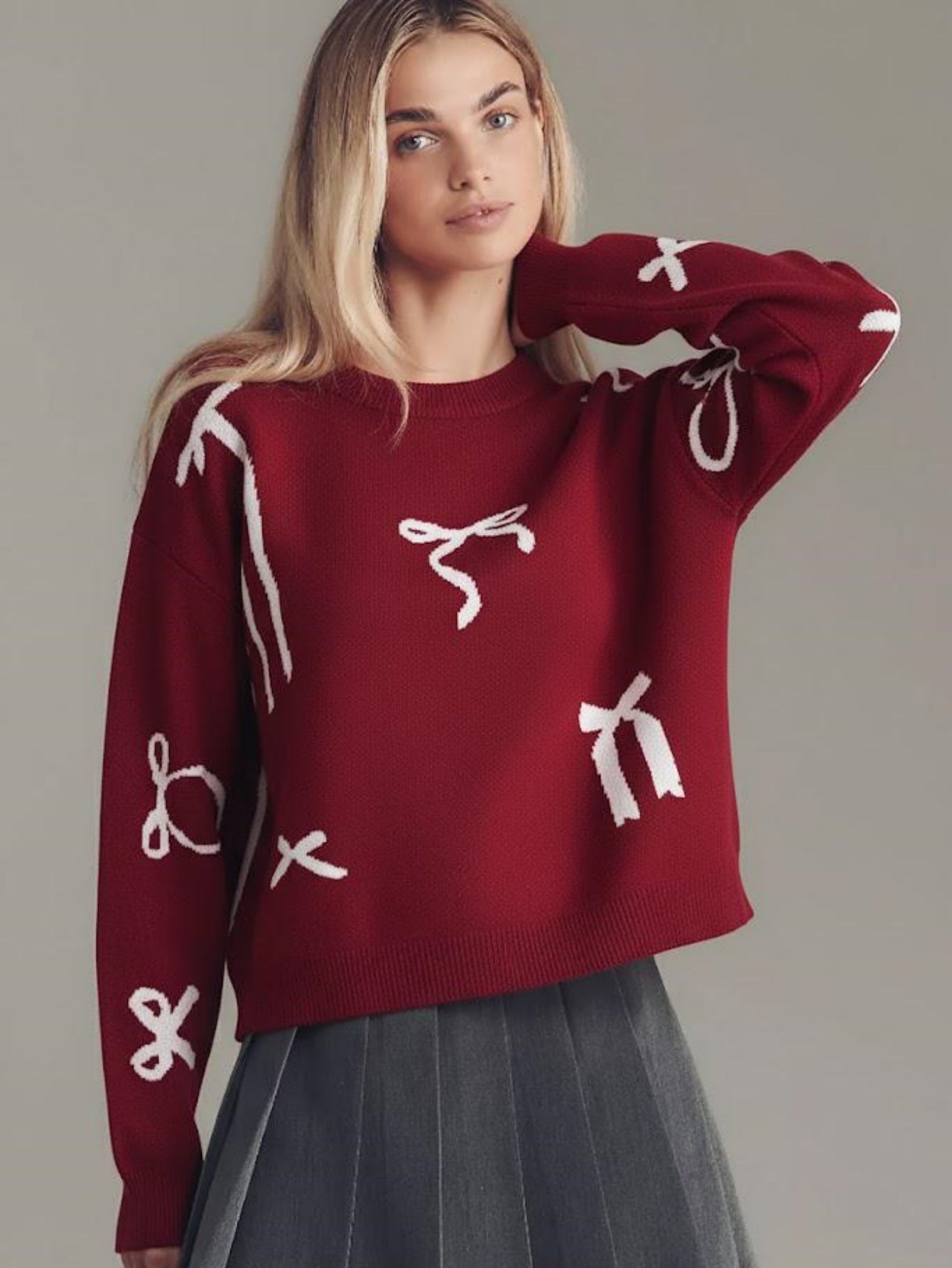 Jacquard Knit Holiday Sweater with Bow
